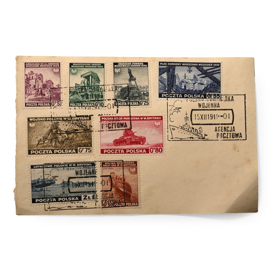 Poland. World War II Group of Eight [8] Stamps on Card.