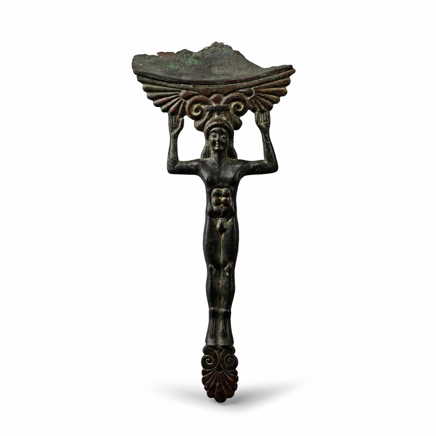 Greek Bronze Kouros Patera Handle with Bowl