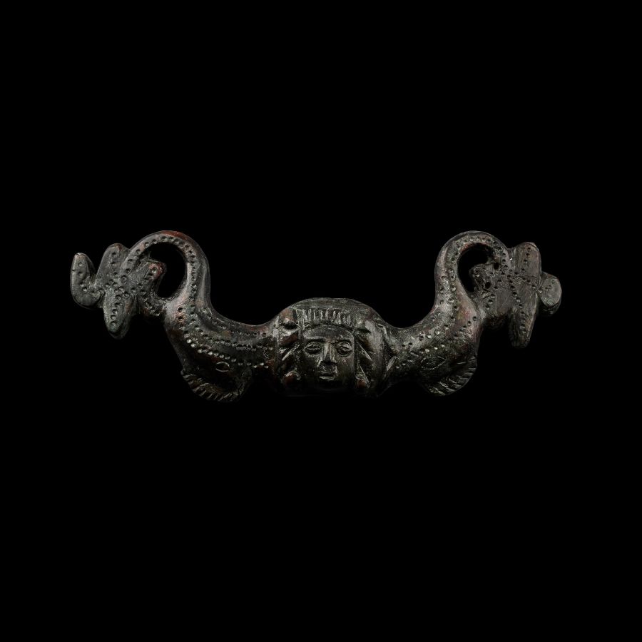Roman Bronze Handle with Head of Medusa Between Dolphins