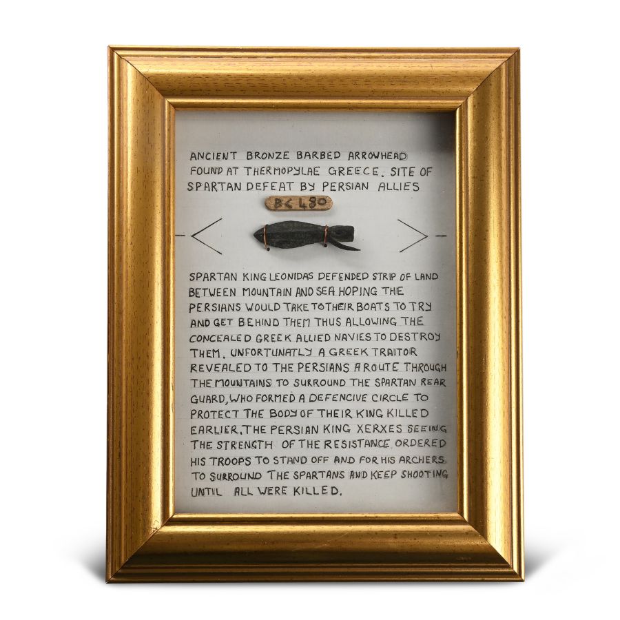 Framed Greek Bronze Barbed Arrowhead