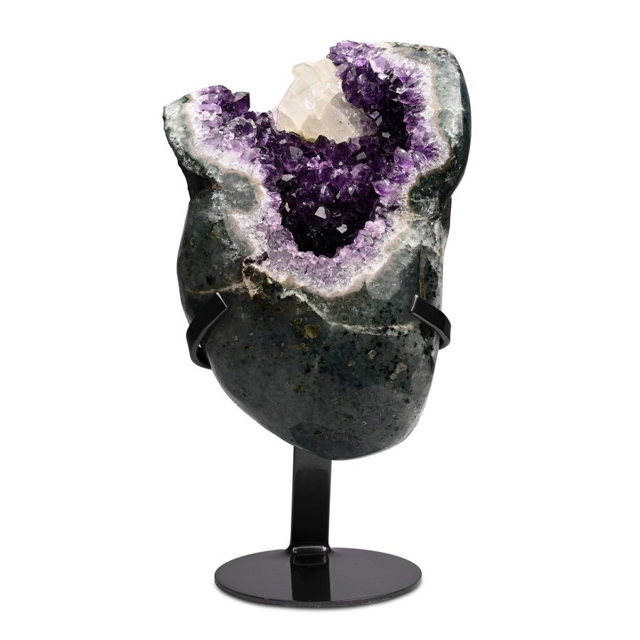 Polished Amethyst Crystal Geode Display with Calcite