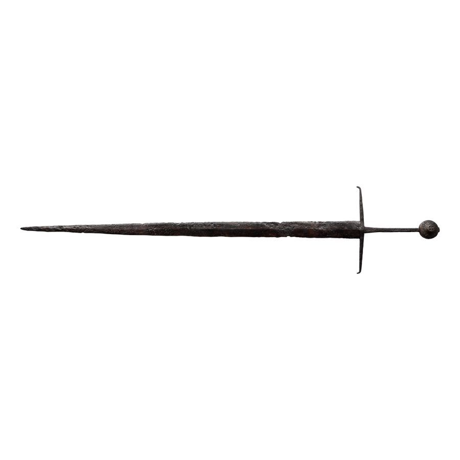 Medieval Knight's Iron Hand-and-a-Half Sword with Inscribed Bronze Pommel