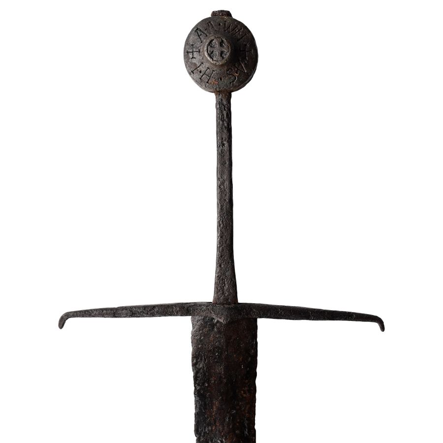 Medieval Knight's Iron Hand-and-a-Half Sword with Inscribed Bronze Pommel
