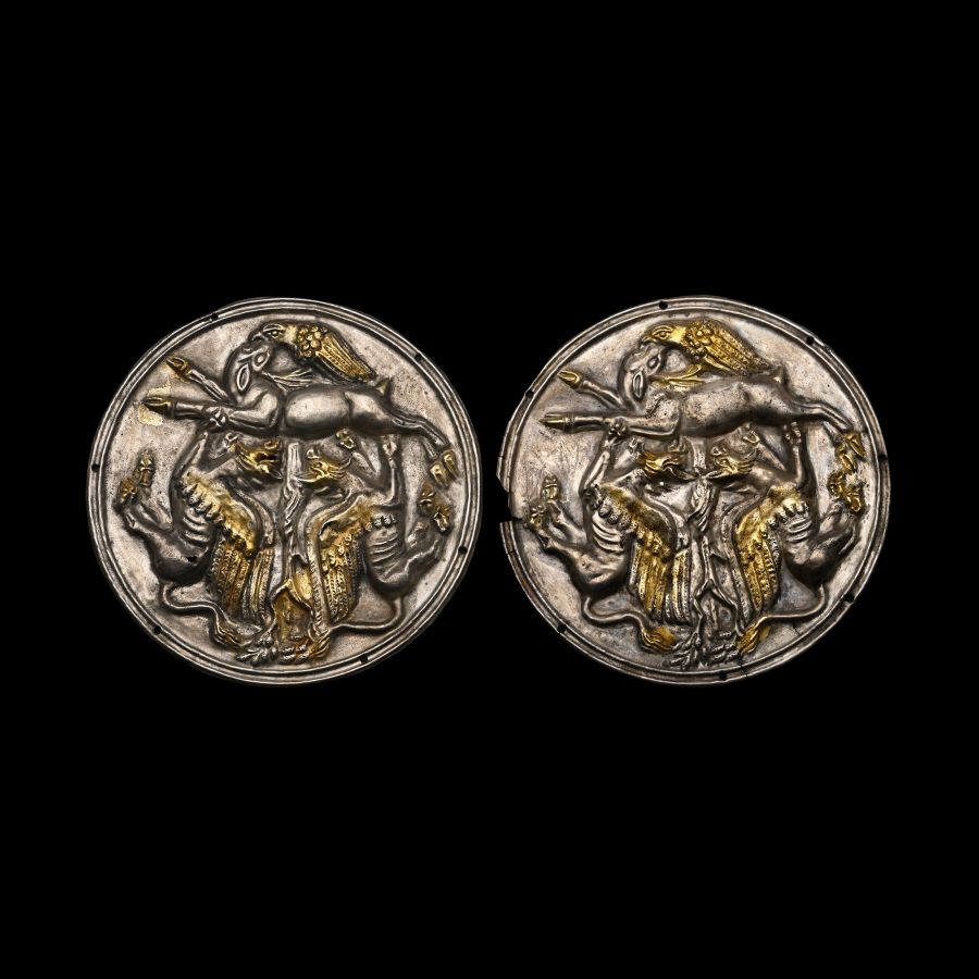 Greek Silver-Gilt Phalerae Depicting a Fight Between Gryphons, an Eagle and a Deer