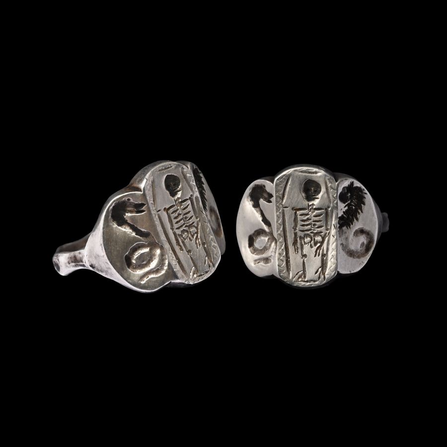 Post Medieval Silver Memento Mori Ring with Skeleton in Coffin Flanked by Rearing Snakes