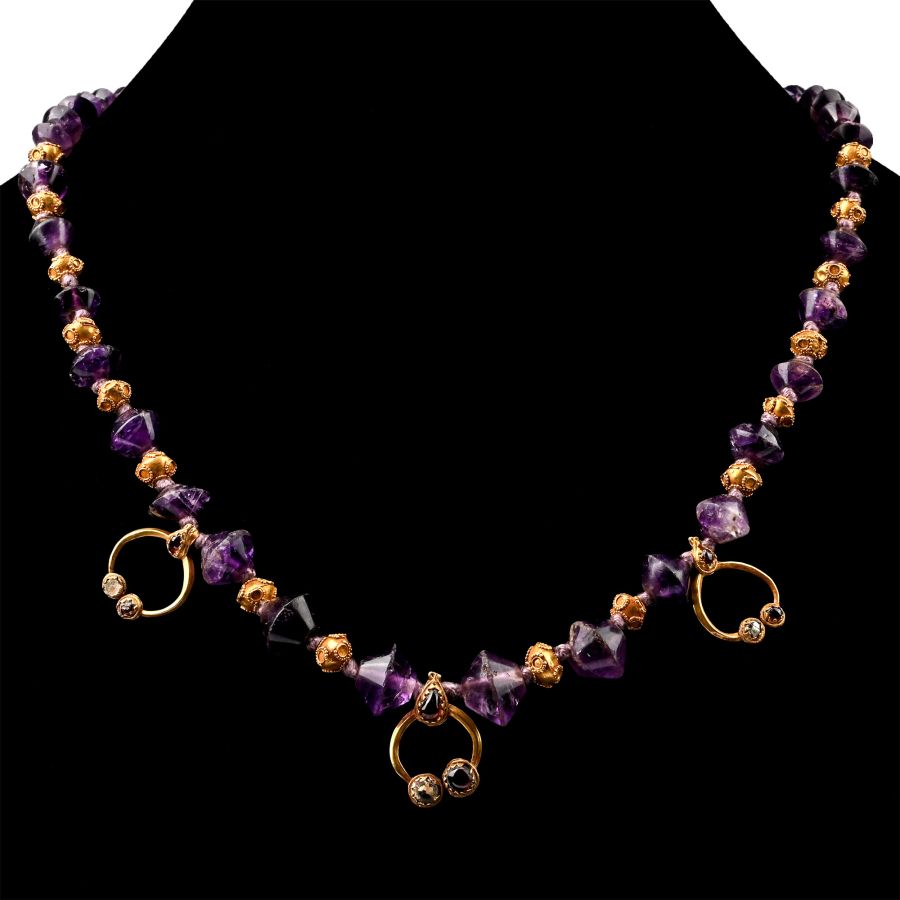 Roman Amethyst Necklace with Gold and Garnet Pendants