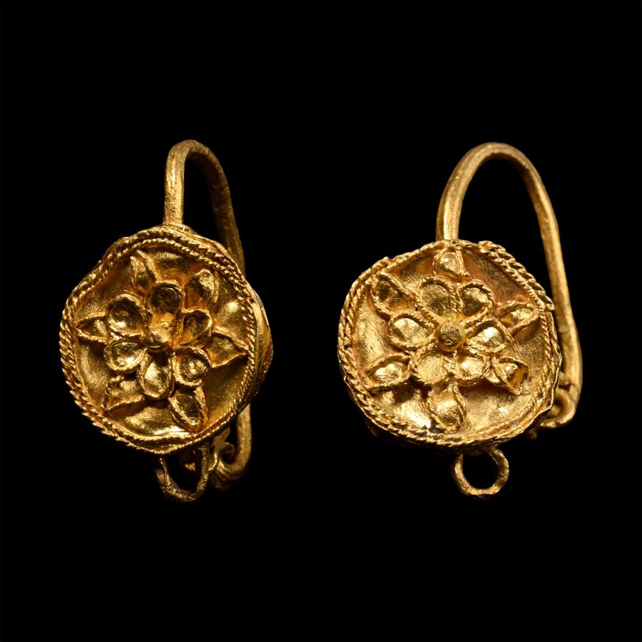 Greek Gold Earring Pair with Rosettes