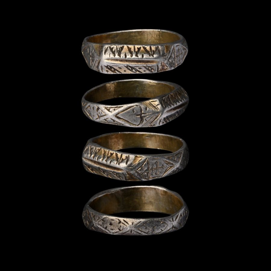 Medieval Silver Iconographic Type Ring with Heart and Cross