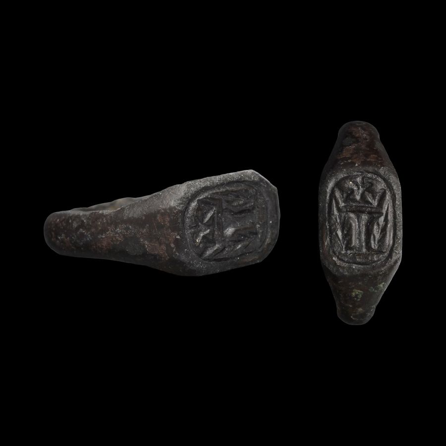 Large Medieval Bronze Signet Ring with Crowned I