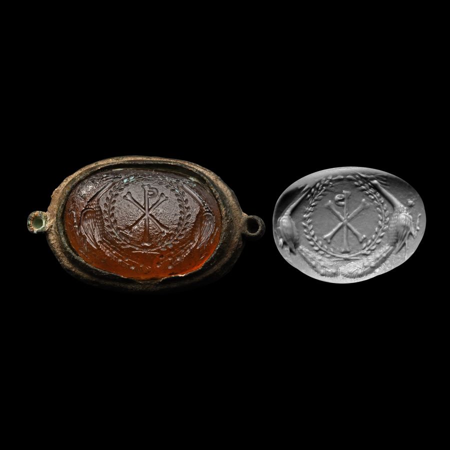 Byzantine Orange Glass Gemstone with Chi Rho Monogram and Peacocks in Laurel Wreath