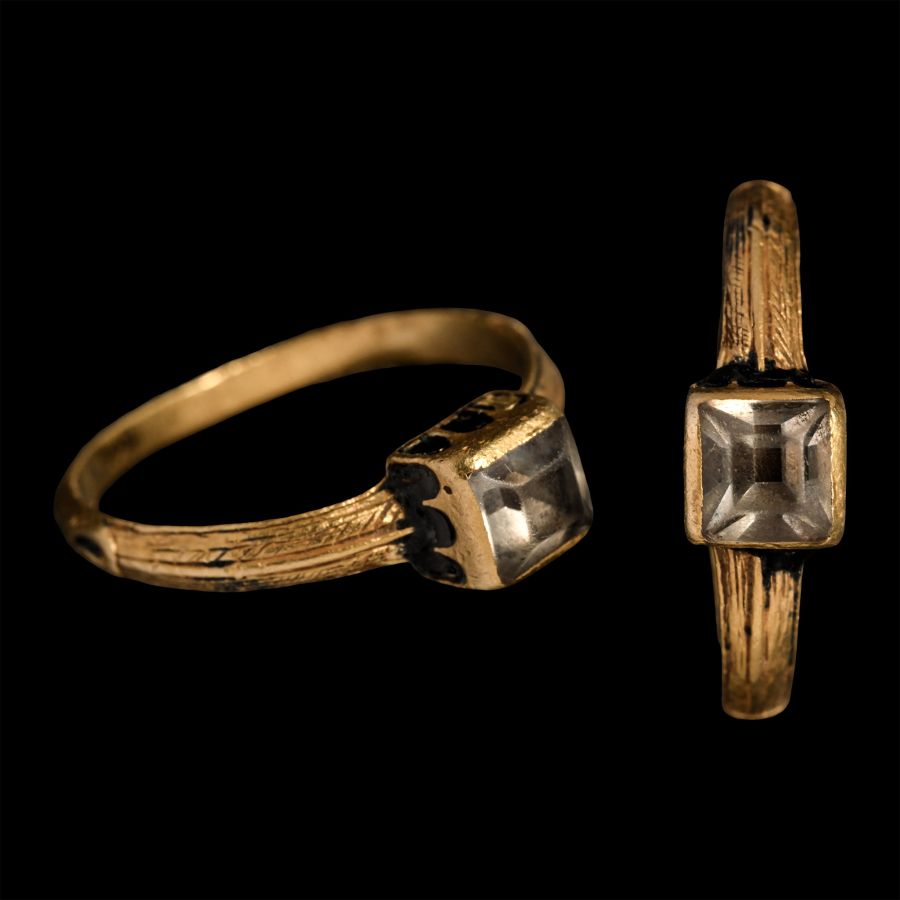 Post Medieval Enamelled Gold Ring with Table-Cut Rock Crystal Gemstone