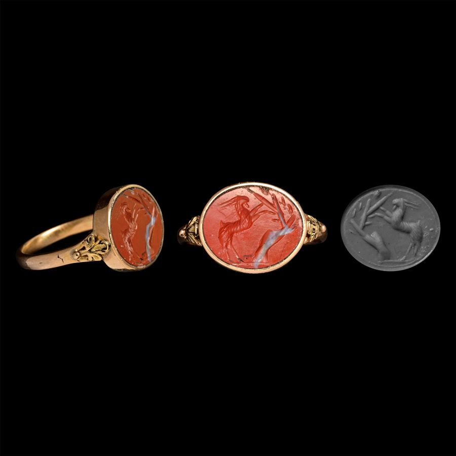 Roman Jasper Gemstone of a Grazing Goat in Gold Ring