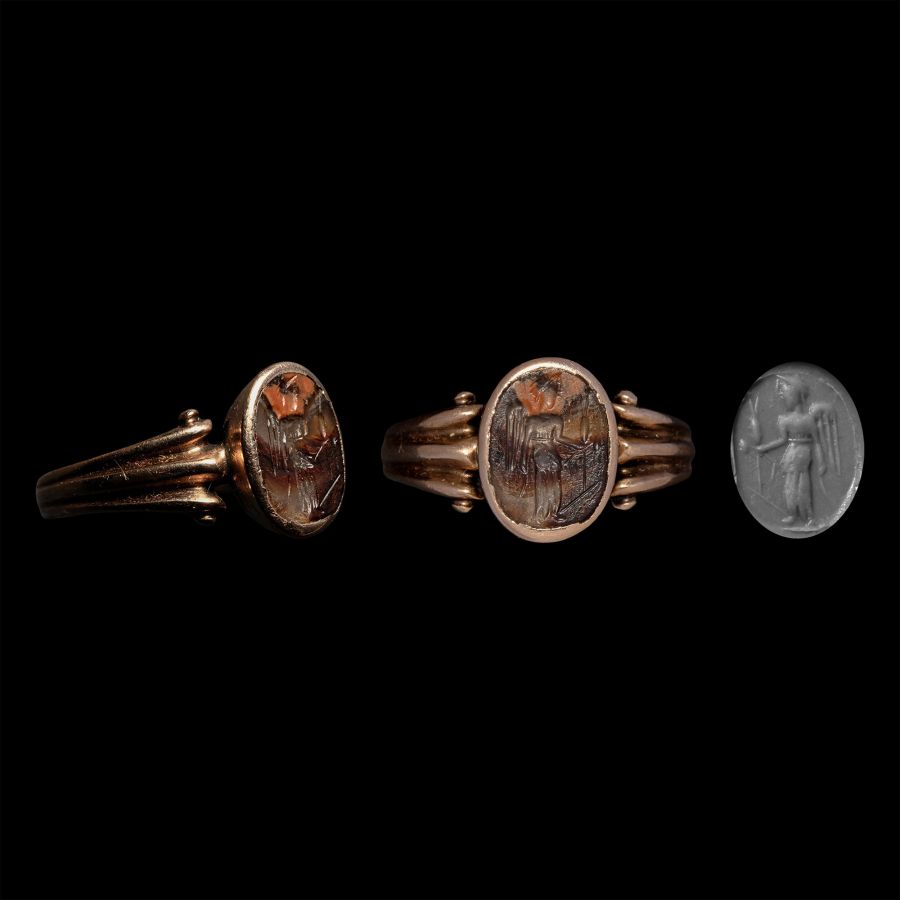Roman Agate Gemstone of Pantheistic Deity in Gold Ring