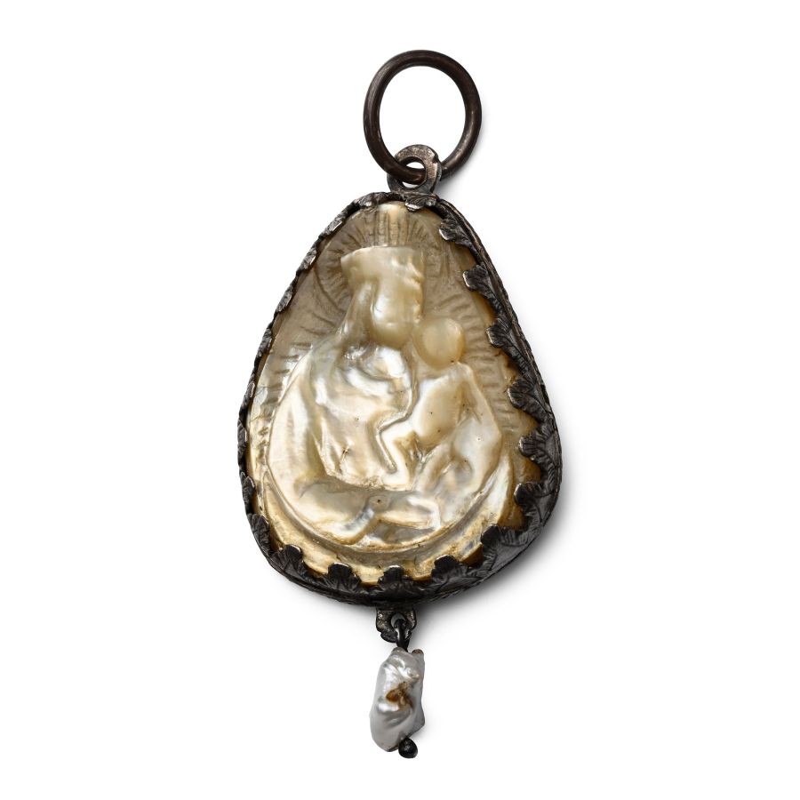 Medieval Silver Pendant with Mother-of-Pearl Scene of Virgin and Child
