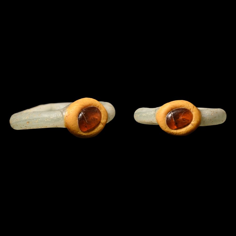 Roman White and Orange Glass Ring with Amber Inlay