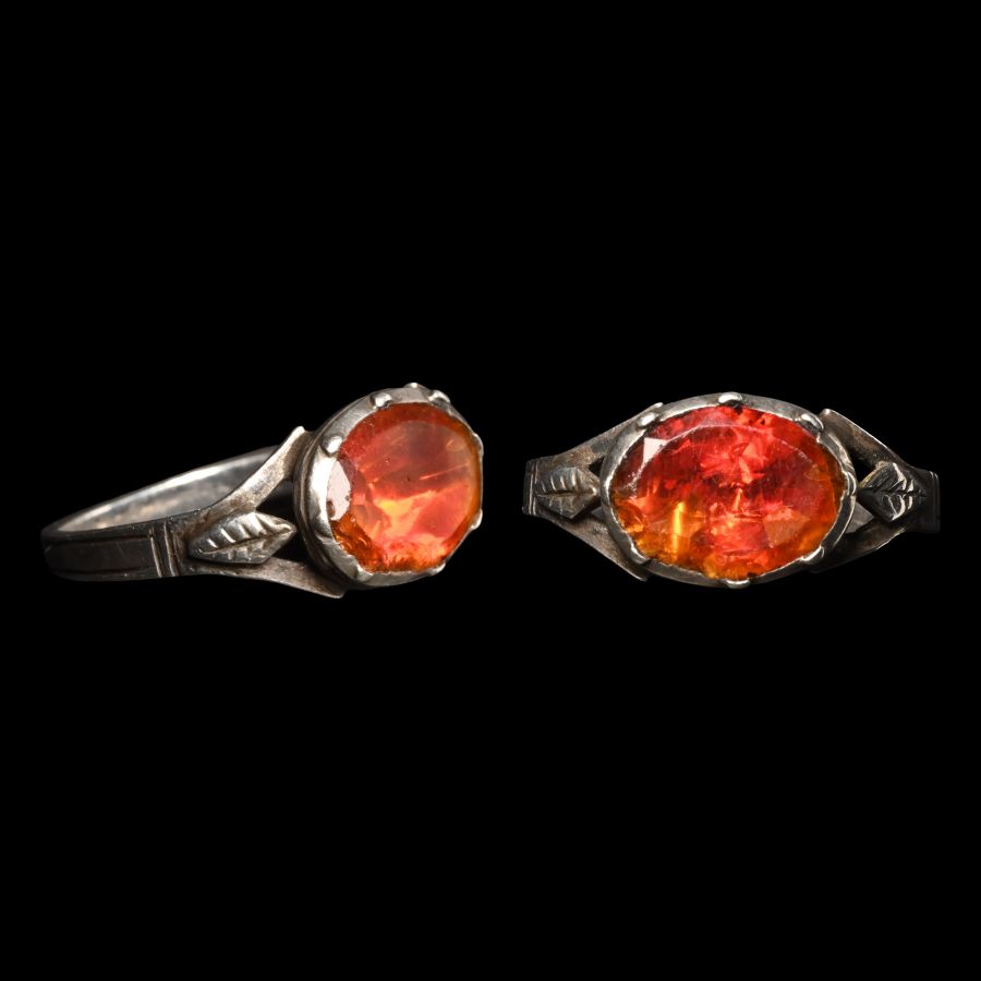 Post Medieval Silver Ring with Vibrant Blood Orange Glass Insert