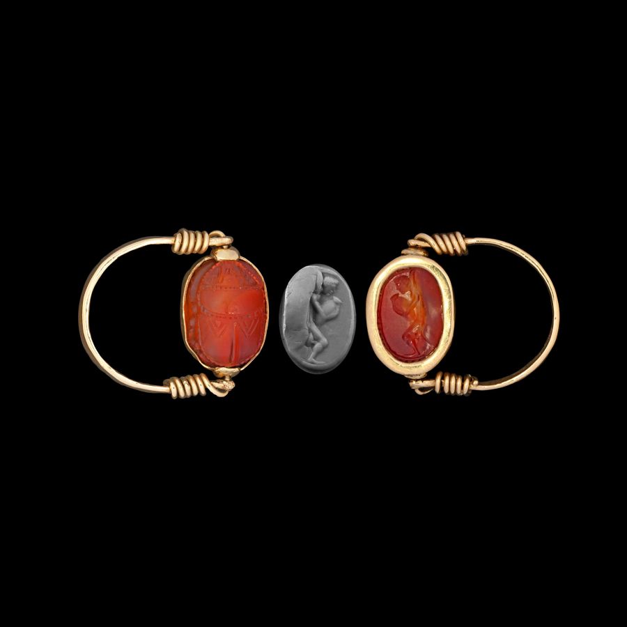 Italic Carnelian Scarab with Satyr Mounted in a Gold Swivel Ring
