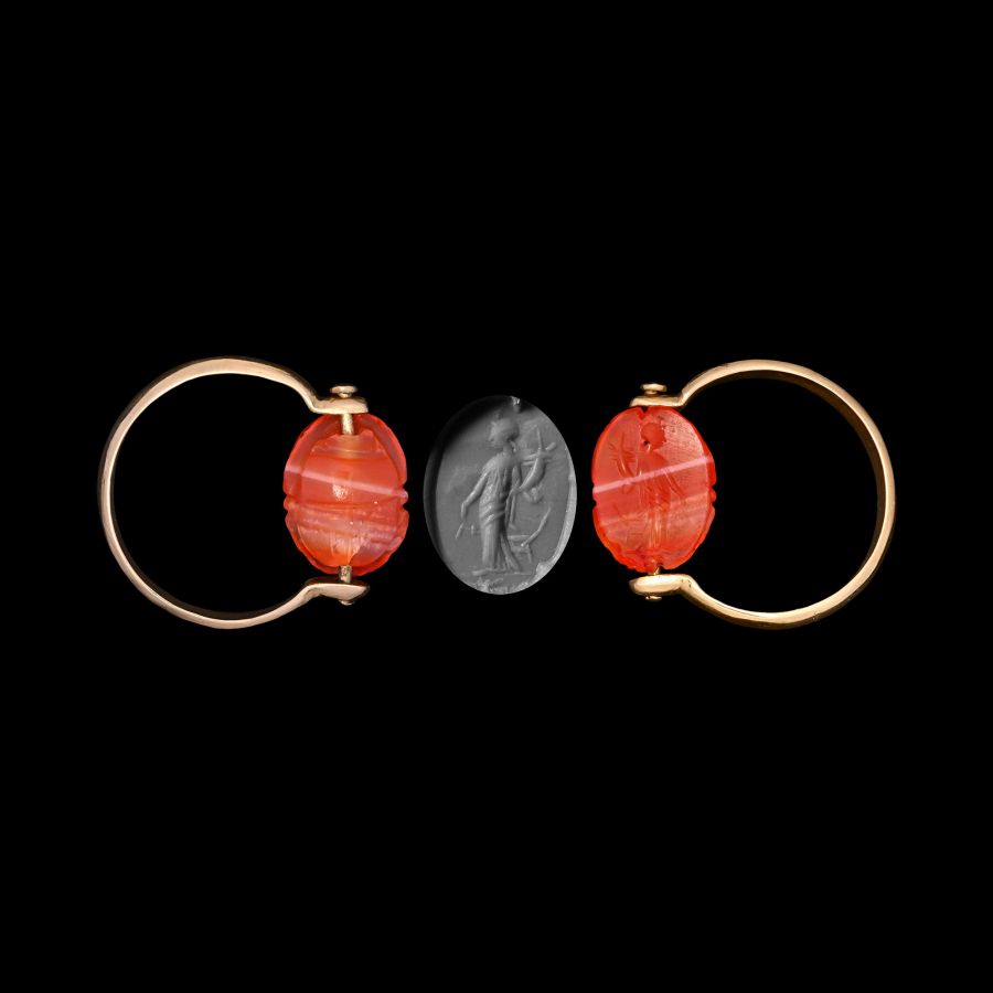 Roman Agate Scarab Engraved with the Goddess Fortuna Mounted in a Gold Ring