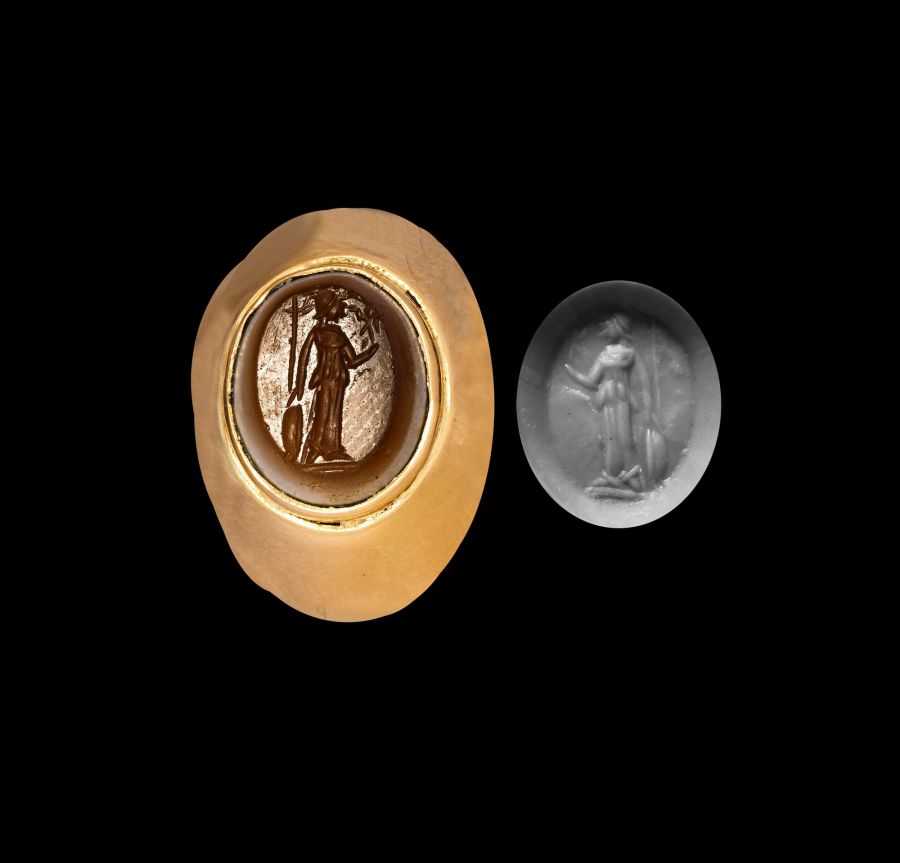 Roman Agate Gemstone  with Minerva Holding Nike in Gold Ring