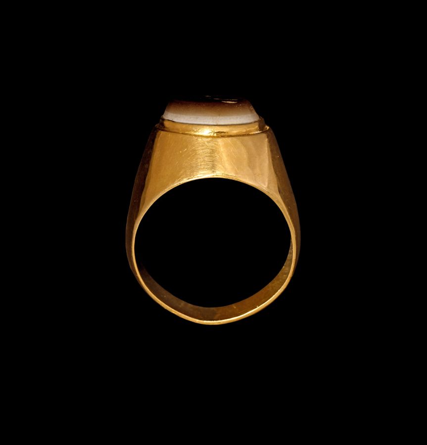 Roman Agate Gemstone  with Minerva Holding Nike in Gold Ring
