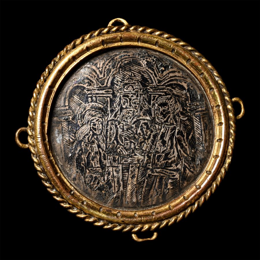 Medieval Gilt and Niello Hat Badge with Marriage of the Virgin