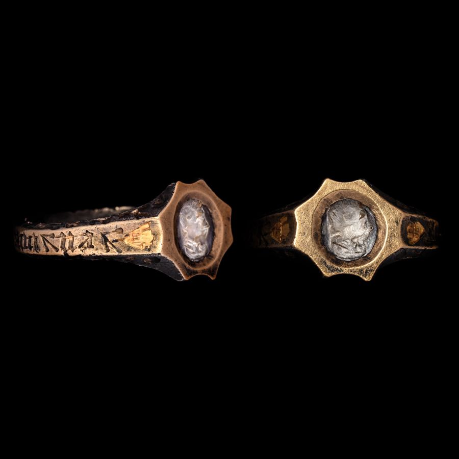 Medieval Silver-Gilt Ring with Male Head Gemstone and Inscriptions
