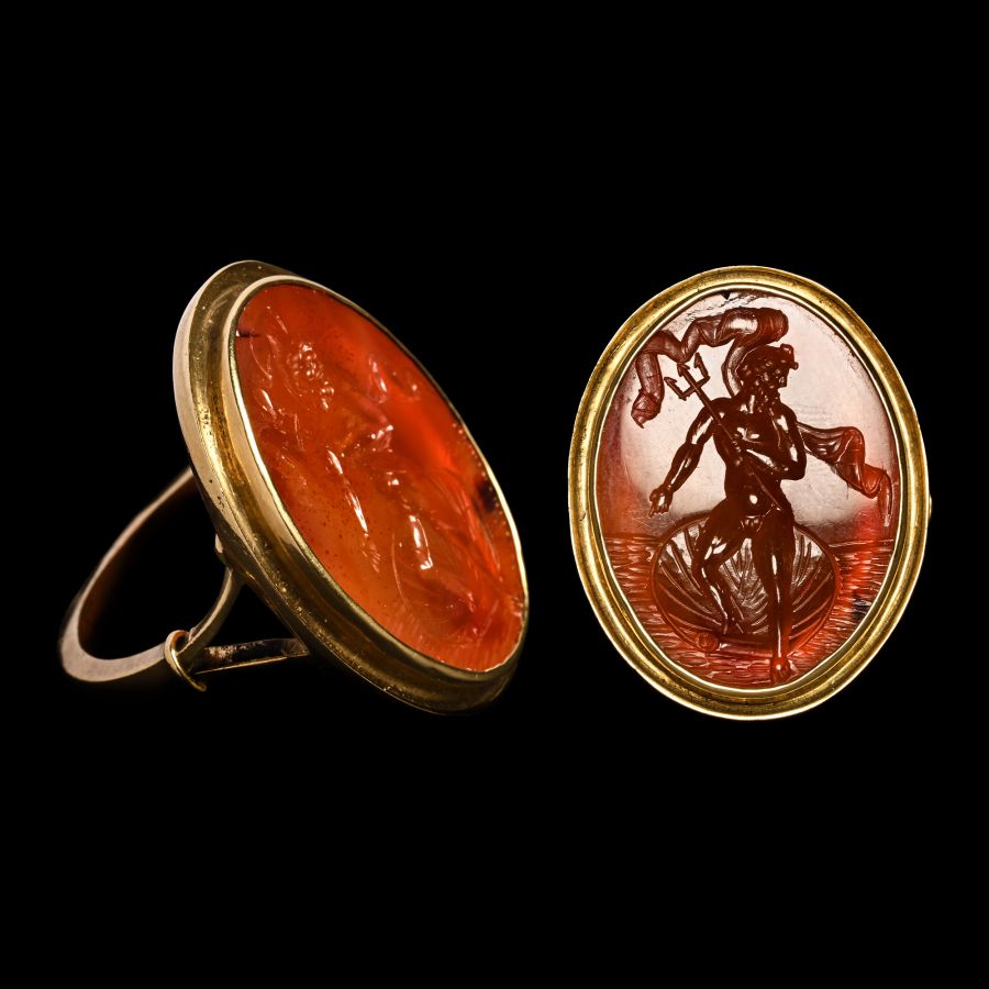 Post Medieval Gold Ring with Carnelian Gemstone Depicting the Roman God Neptune