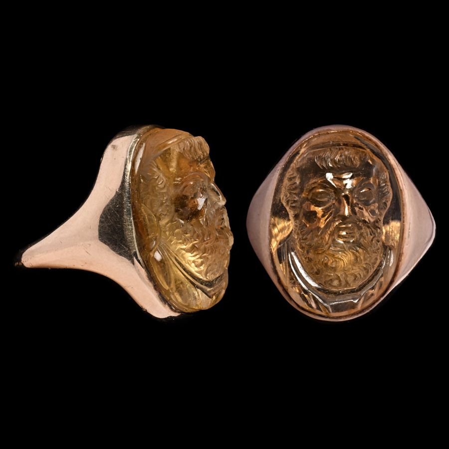 Carved Citrine Bust of Homer in Gold Ring