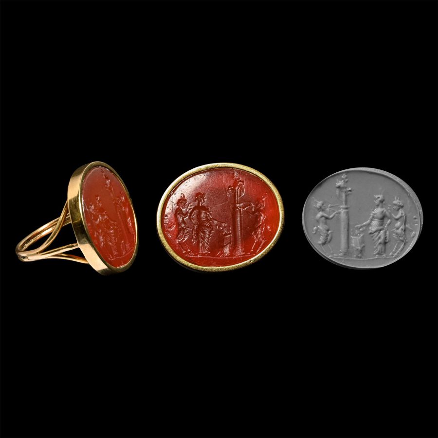 Post Medieval Gemstone Depicting Bacchanalian Sacrifice in Gold Ring