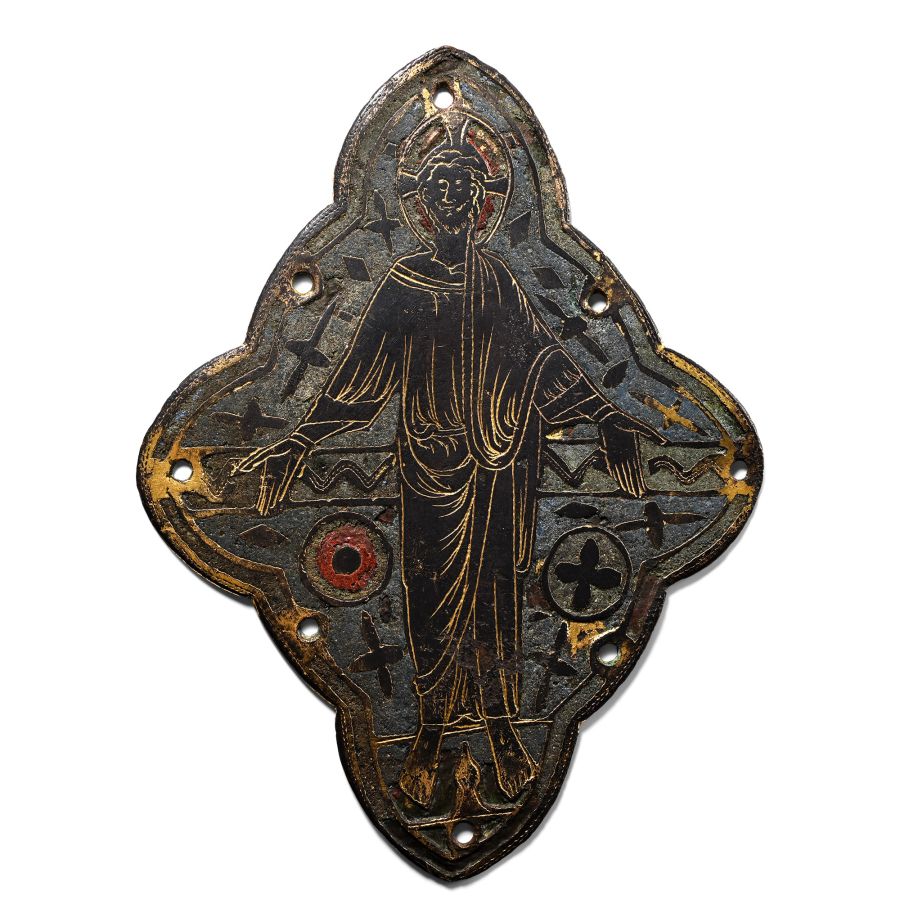 Large Medieval Gilt Bronze Champleve Plaque Depicting Christ in Majesty