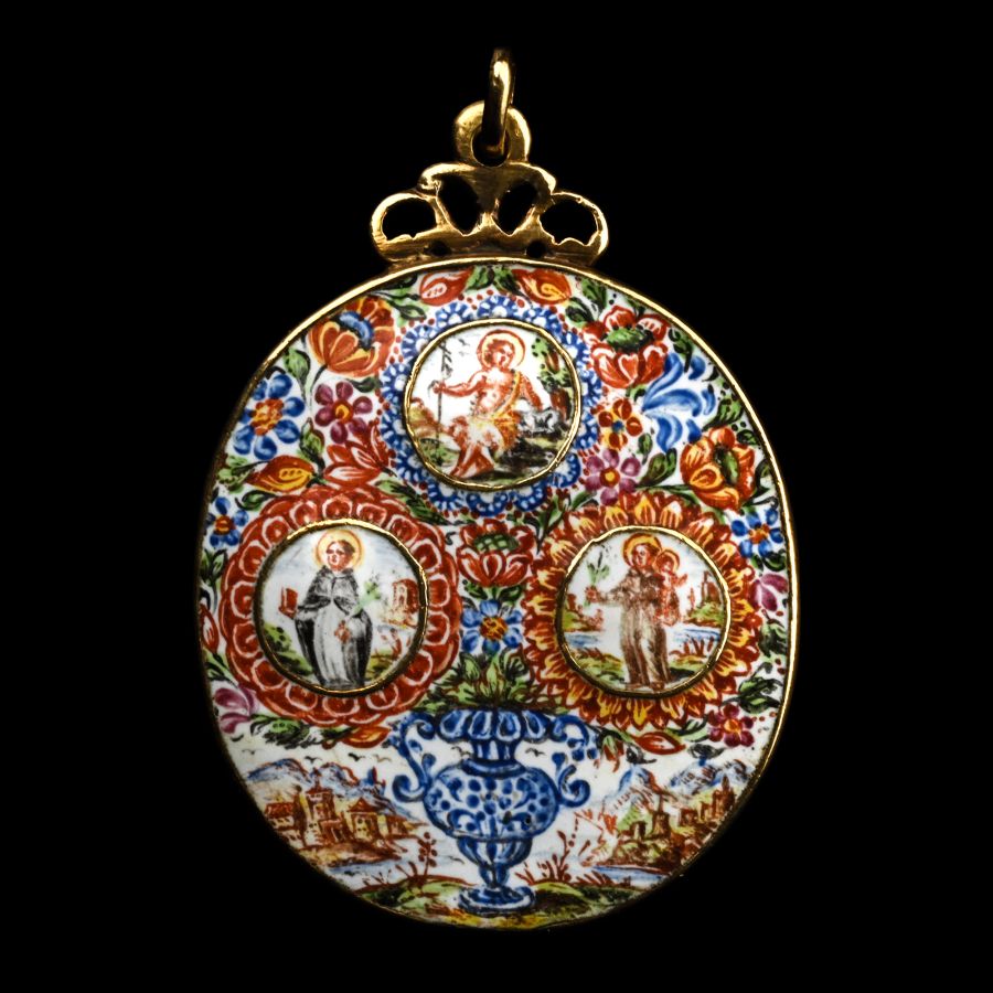 Enamelled Gold Pendant Depicting the Virgin and Child with Saints