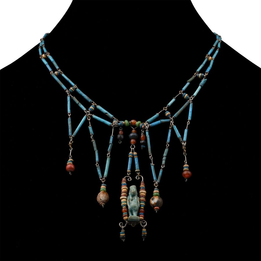 Egyptian Blue Faiance Bead Necklace with Taweret
