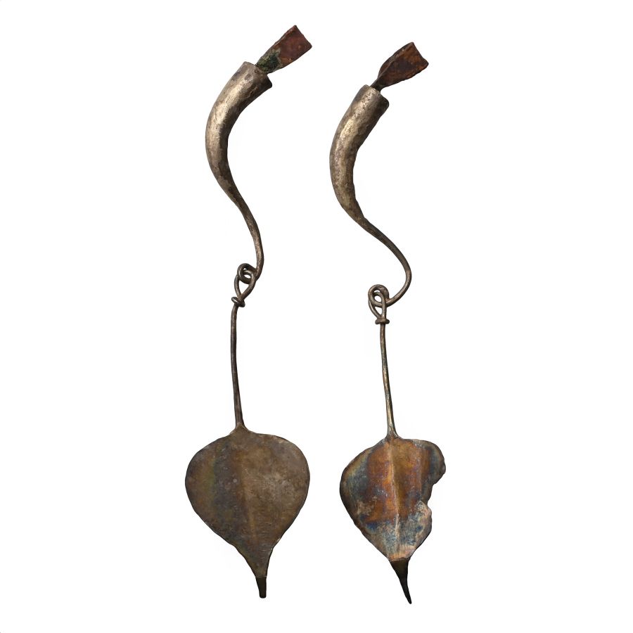 Sasanian Silver Earring Pair with Leaf-Shaped Droplets