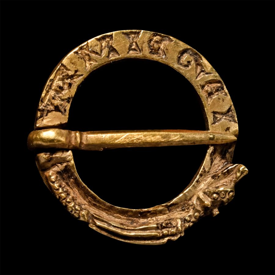 Medieval Gold Dragon Ring Brooch with Inscription