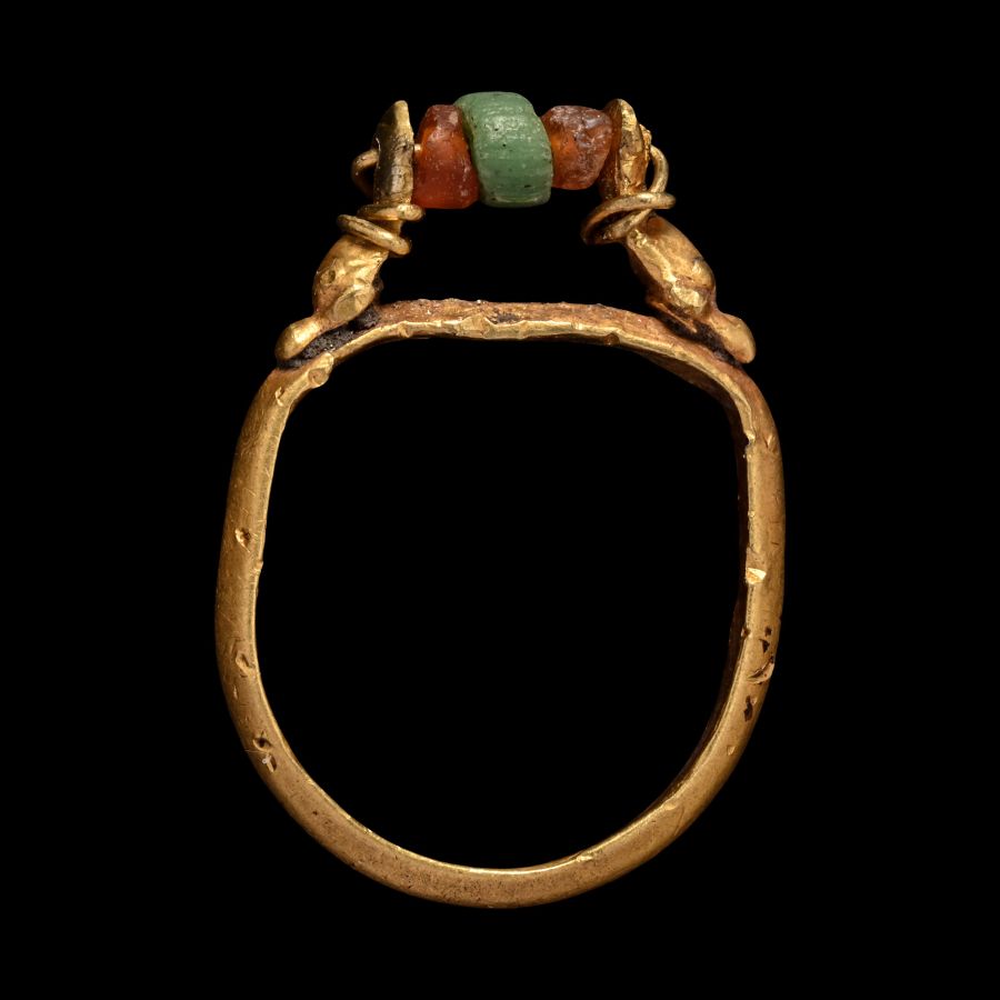 Roman Gold Ring with Dolphins Supporting Beads