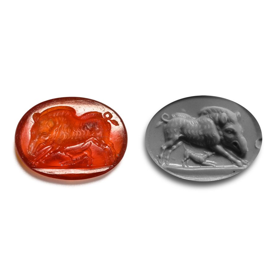 Roman Carnelian Gemstone of a Wild Boar and Dog