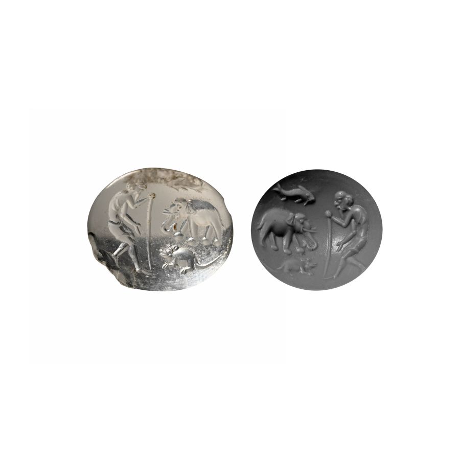 Kushan or Indo-Greek Rock Crystal Gemstone with Mature Man and Animals