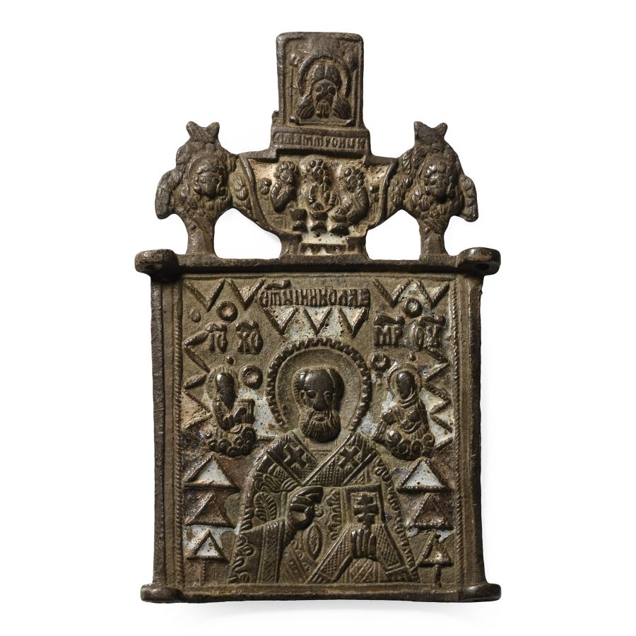 Eastern European Enamelled Bronze Icon of St Nicholas