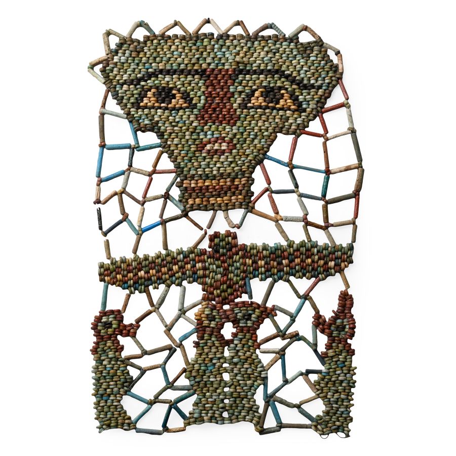 Egyptian Faience Mummy Bead Mask with Scarab and Four Sons of Horus