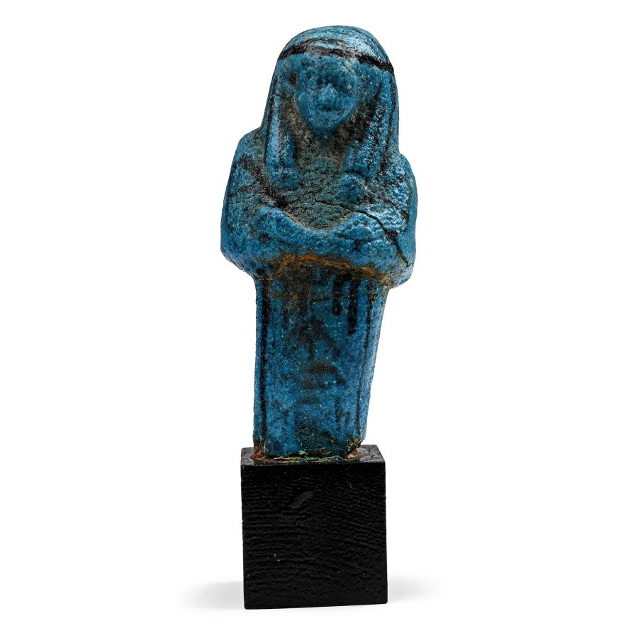 Egyptian Deep Blue Faience Shabti with Hieroglyphic Inscription