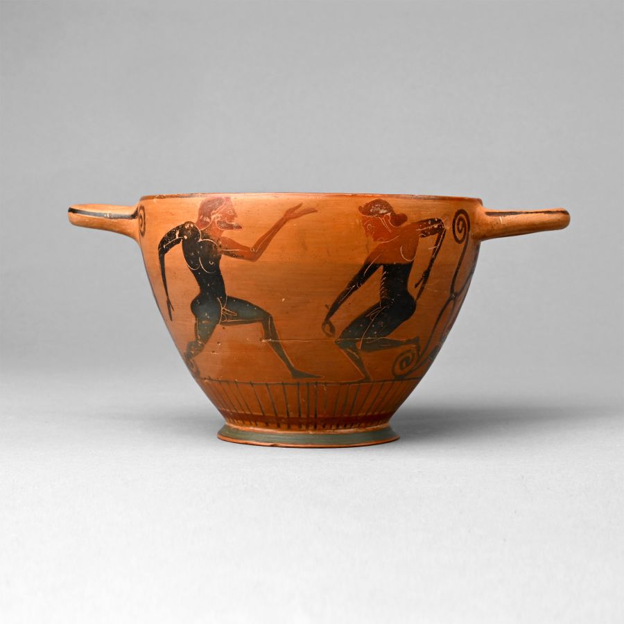 Greek Black-Figure Skyphos with Dancing Satyrs by the Komast Painter Group