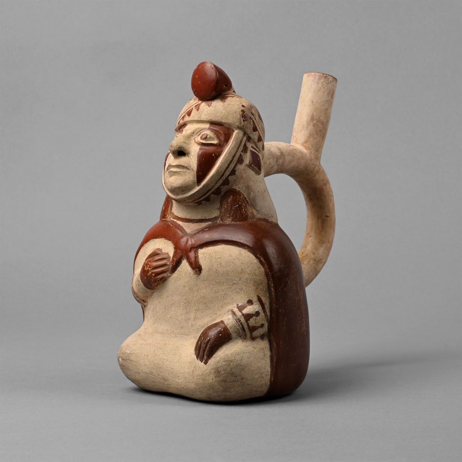 Pre-Columbian Moche Ceramic Stirrup Vessel of a Dignitary