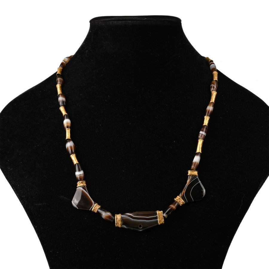 Babylonian Agate Bead Necklace with Gold Beads