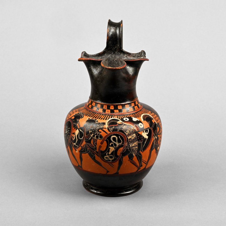 Greek Terracotta Black-Figure Oinochoe with Fighting Warriors