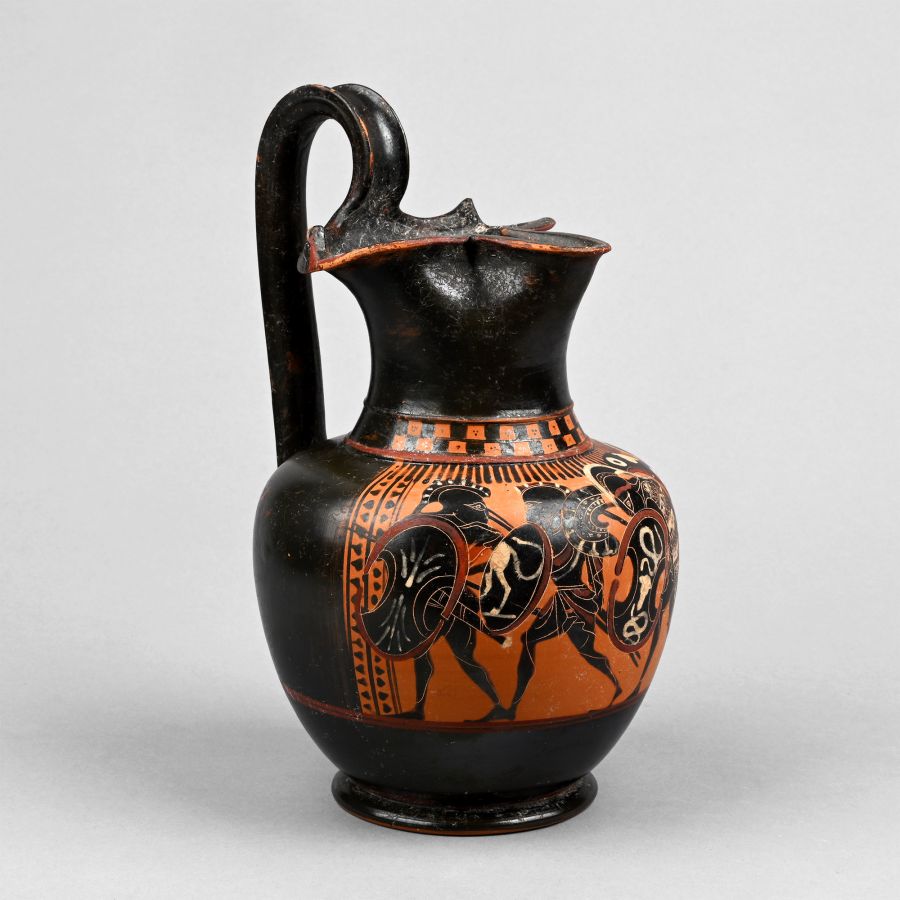 Greek Terracotta Black-Figure Oinochoe with Fighting Warriors