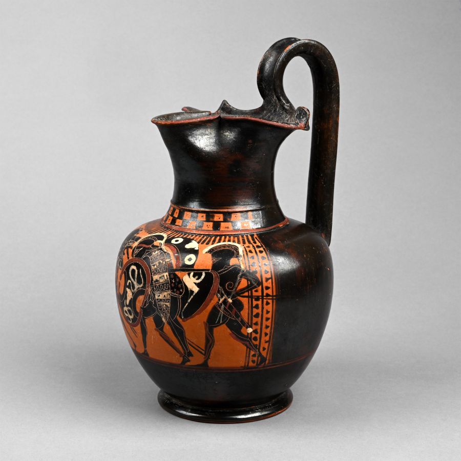 Greek Terracotta Black-Figure Oinochoe with Fighting Warriors