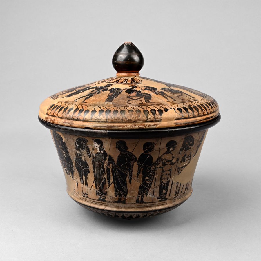 Greek Terracotta Black-Figure Pyxis with Chariot