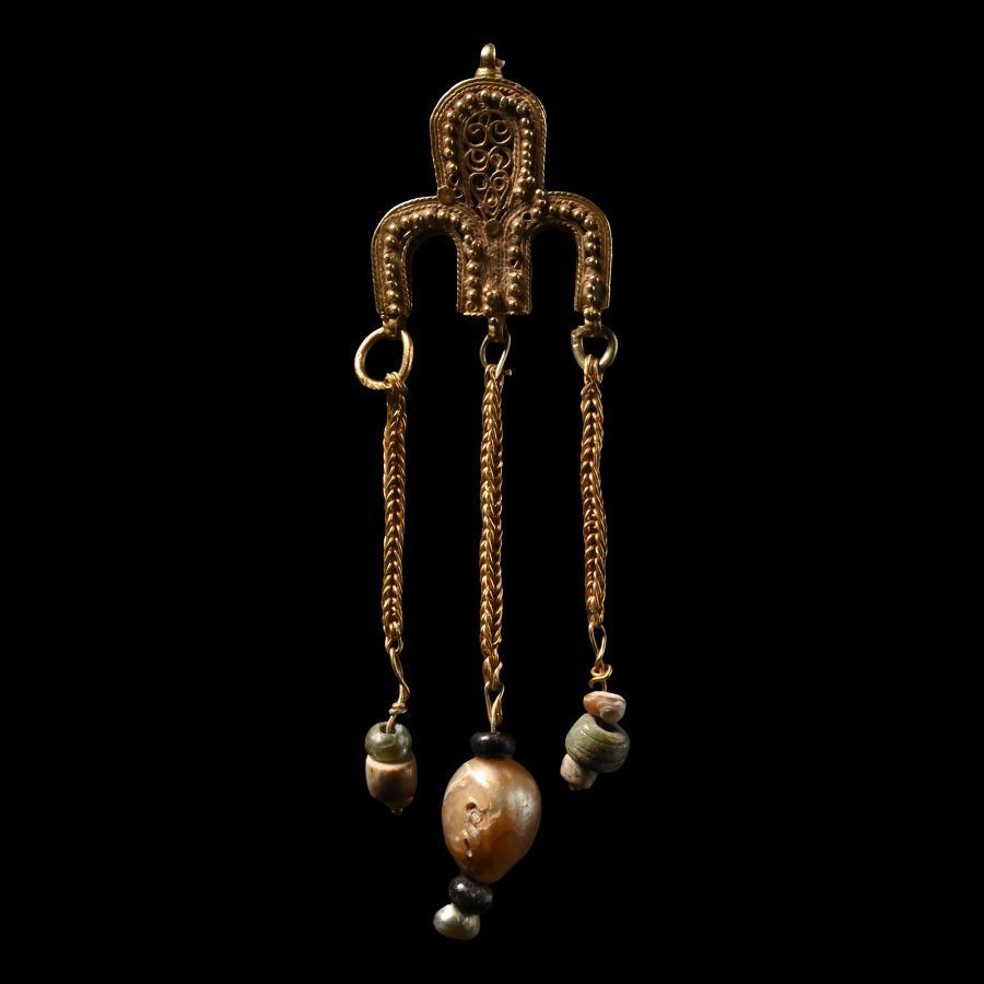 Byzantine Gold Filigree Pendant with Pearl Bead Drops
