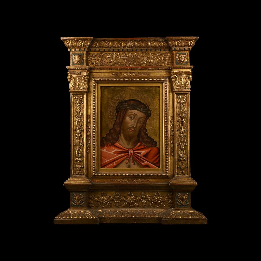 Large Veneto-Cretan Icon of 'Ecce Homo' in Gilt Wooden Frame