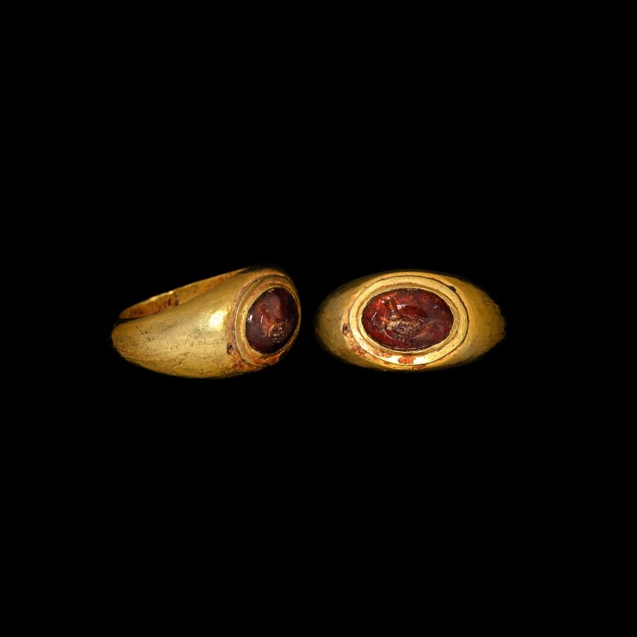 Roman Gold and Garnet Gemstone Ring with Bird